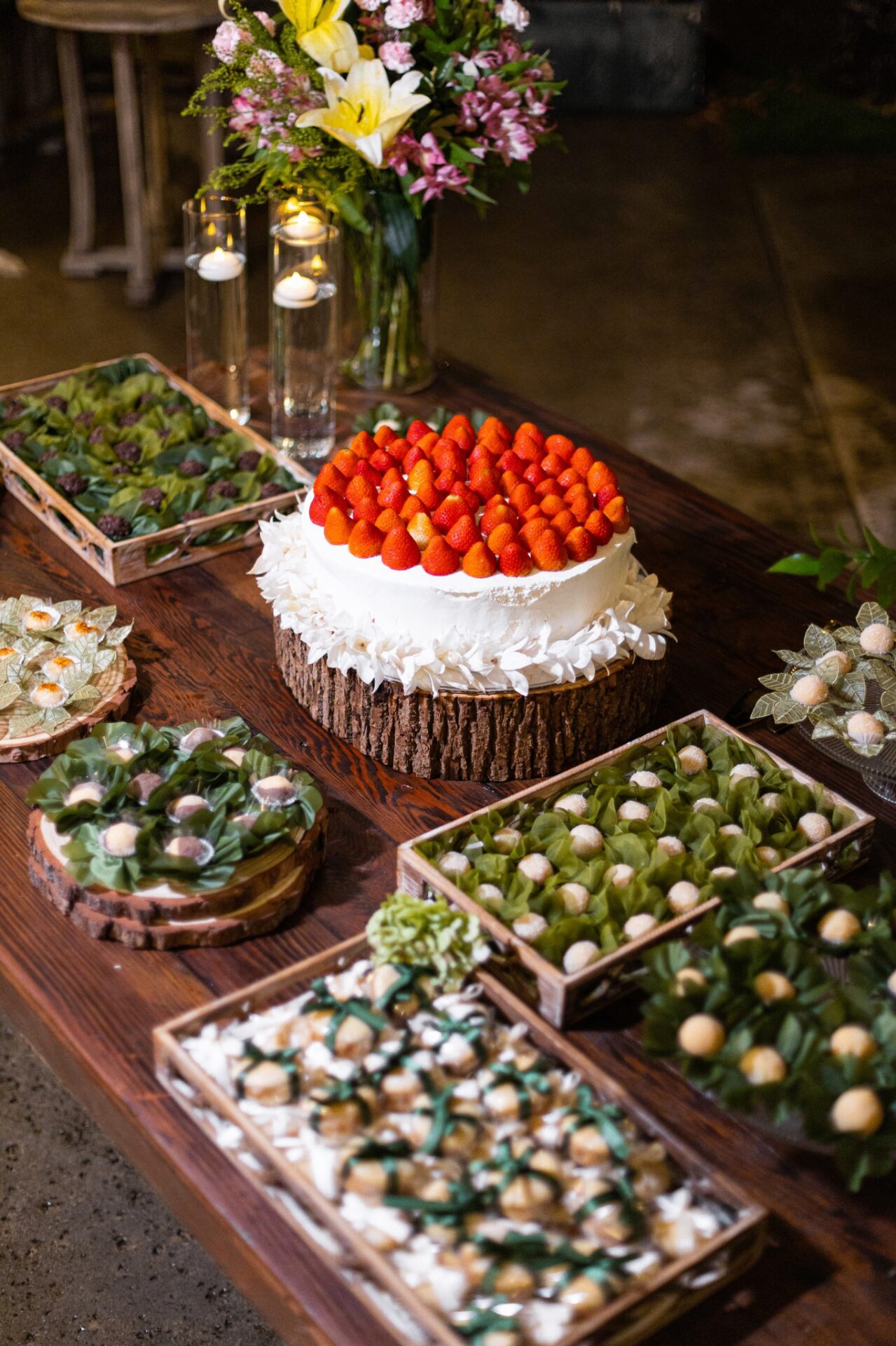 Overhead intimate wedding dessert table