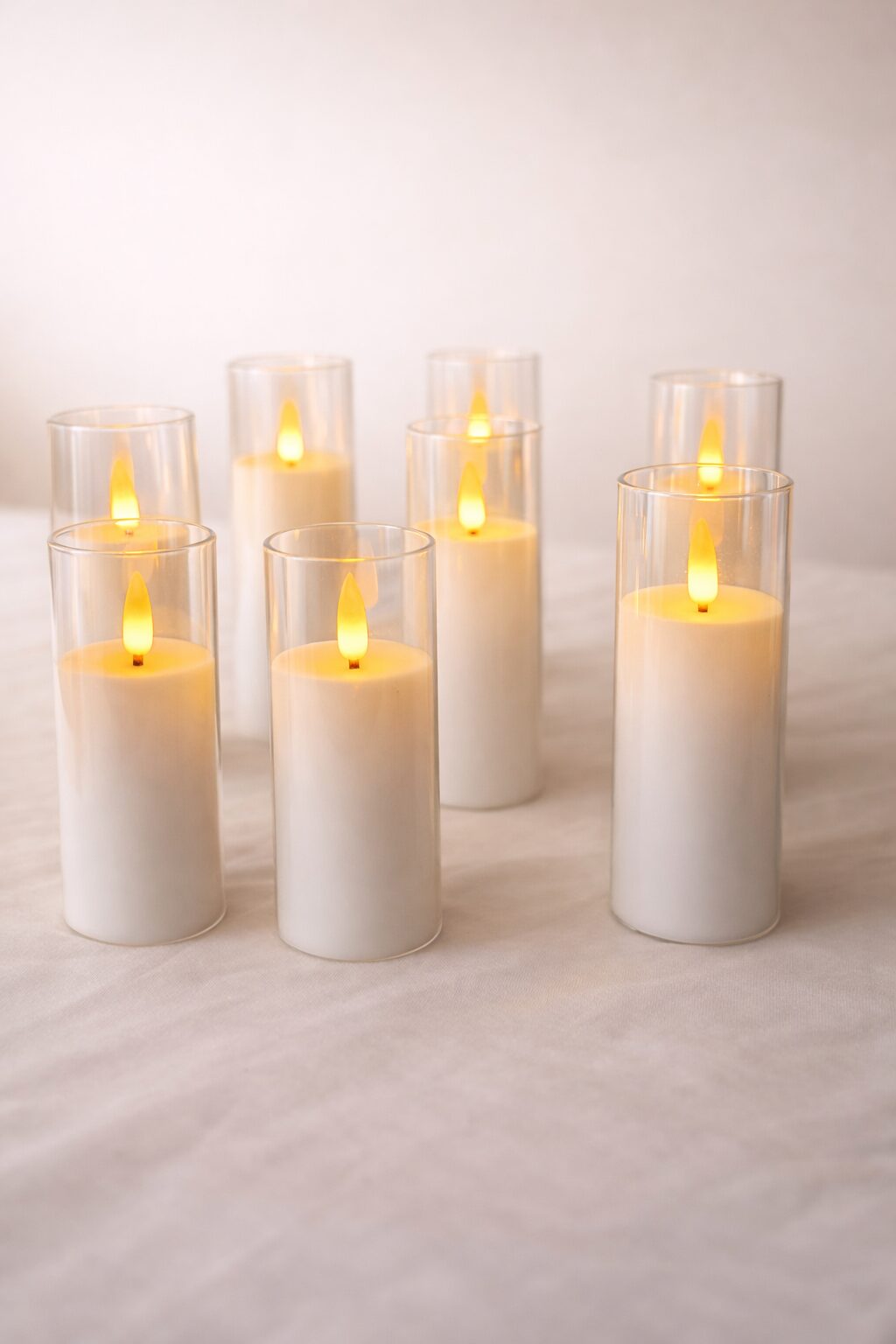 Velas pilar de LED em cilindros de vidro Velas pilar de LED dentro de cilindros de vidro transparente