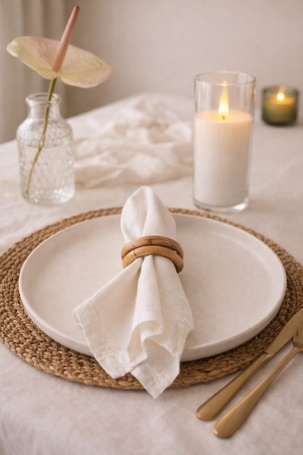 Lugar à mesa com guardanapo de linho e anel de rattan Lugar à mesa com guardanapo de linho e anel de rattan