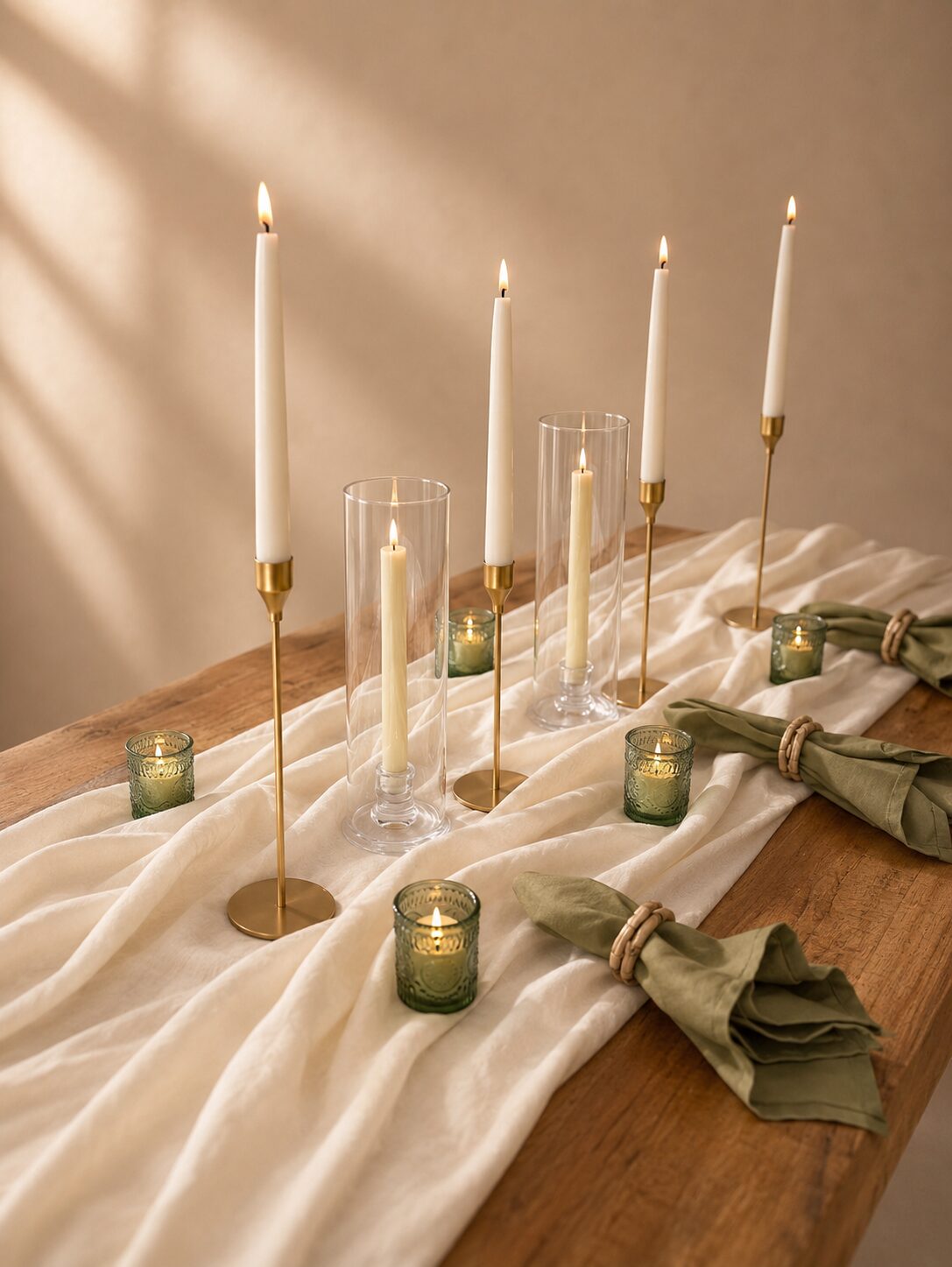 Mesa com runner de gaze, taper candles e guardanapos sálvia Mesa de madeira com runner de gaze creme, velas taper, hurricanes e guardanapos verde sálvia