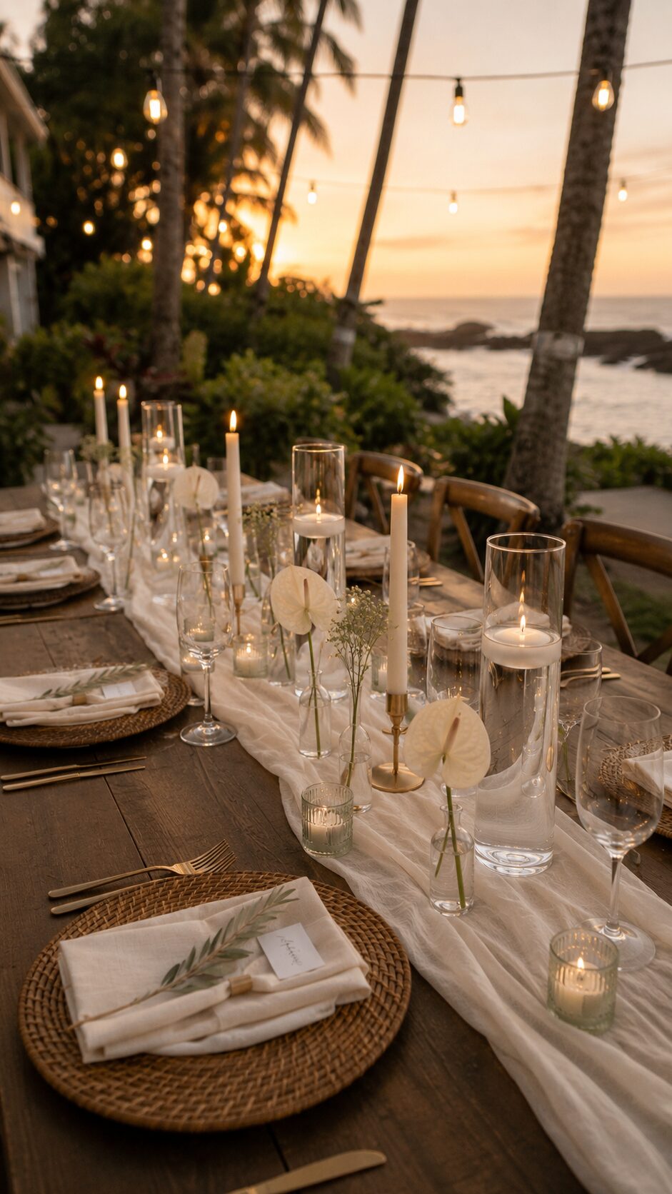 Intimate wedding tablescape at sunset in Hawaii